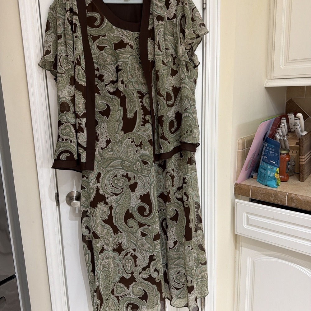 Studio I Women's 2X Paisley Maxi Dress Jacket 2 Piece Set Brown Green 5305
